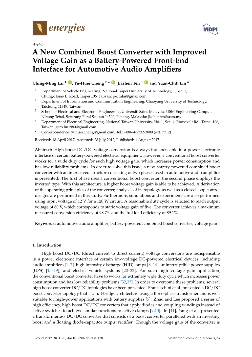 A New Combined Boost Converter with Improved Voltage Gain As a Battery-Powered Front-End Interface for Automotive Audio Amplifie