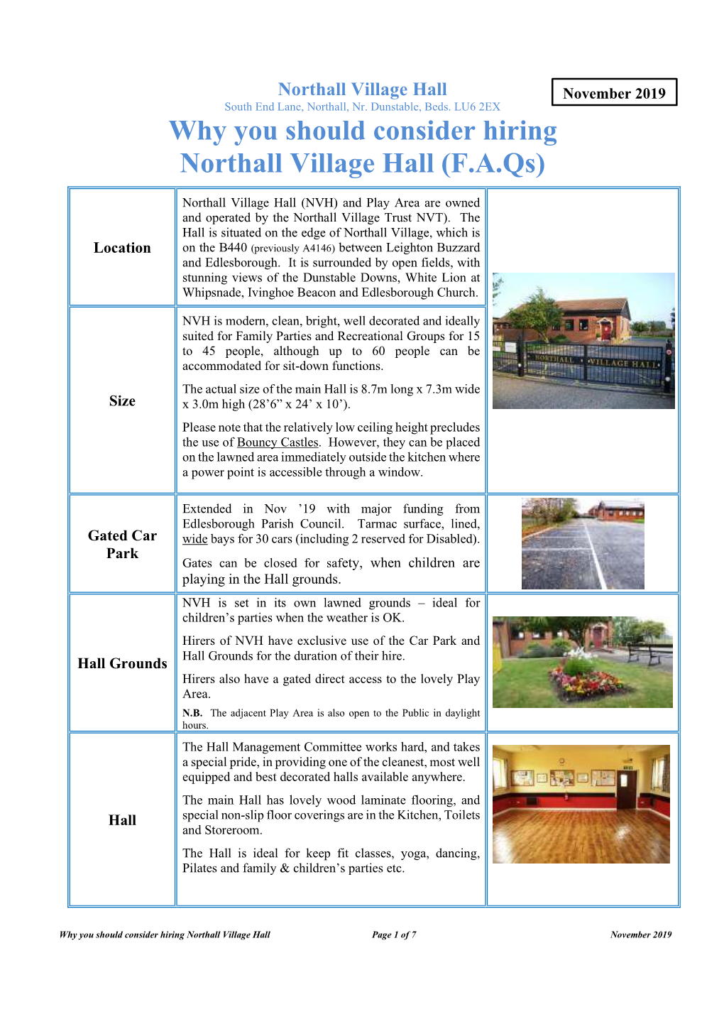 Northall Village Hall November 201 9 South End Lane, Northall, Nr