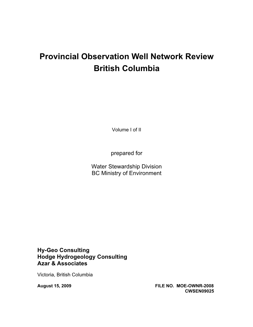 Provincial Observation Well Network Review British Columbia