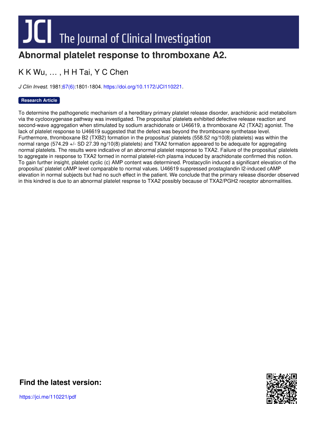 Abnormal Platelet Response to Thromboxane A2