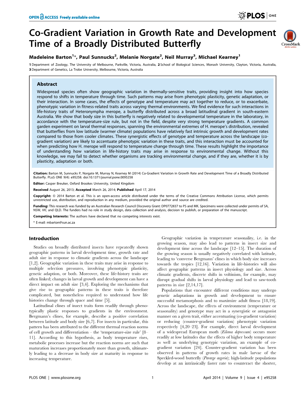 Co-Gradient Variation in Growth Rate and Development Time of a Broadly Distributed Butterfly