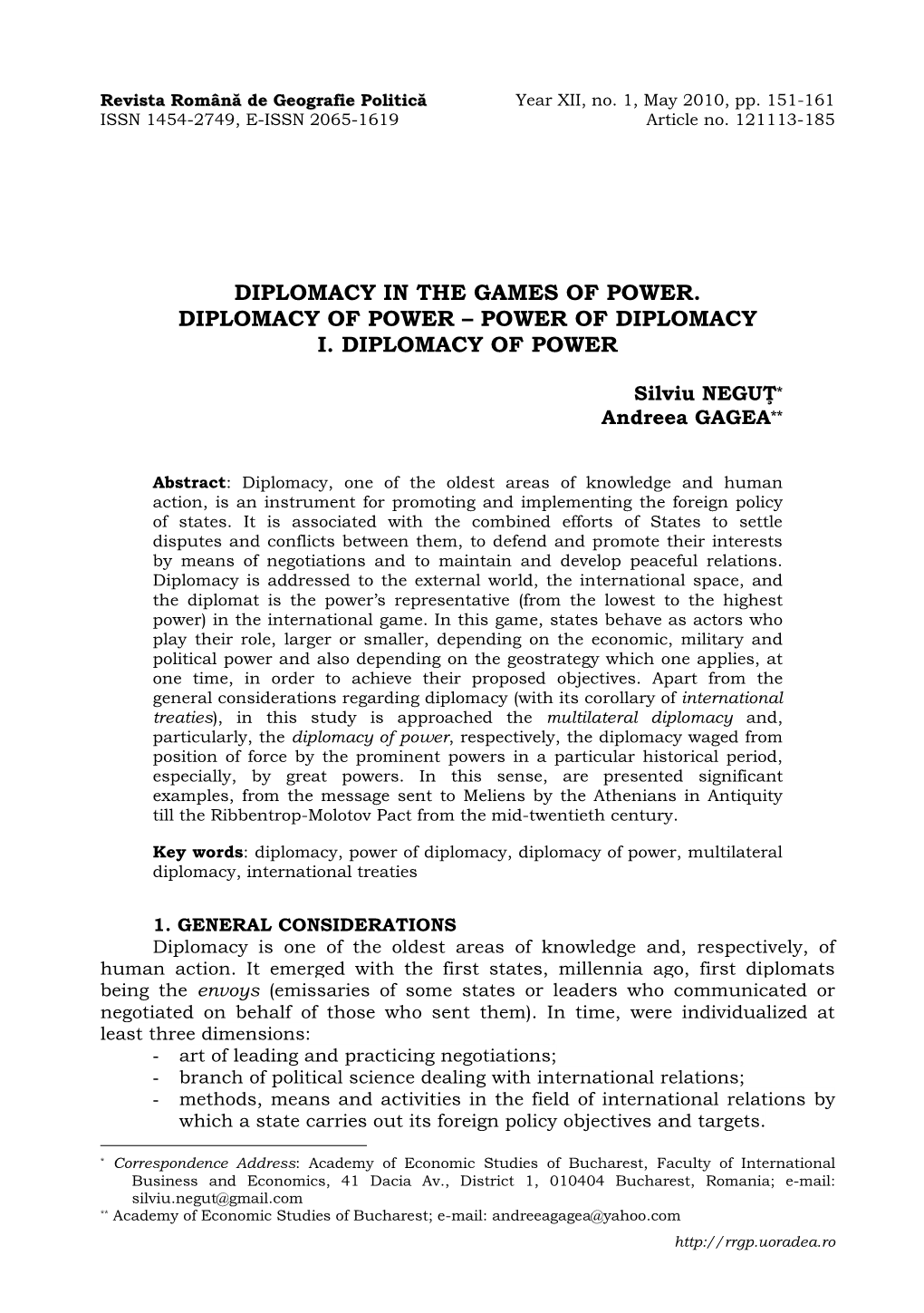 Diplomacy in the Games of Power. Diplomacy of Power – Power of Diplomacy I