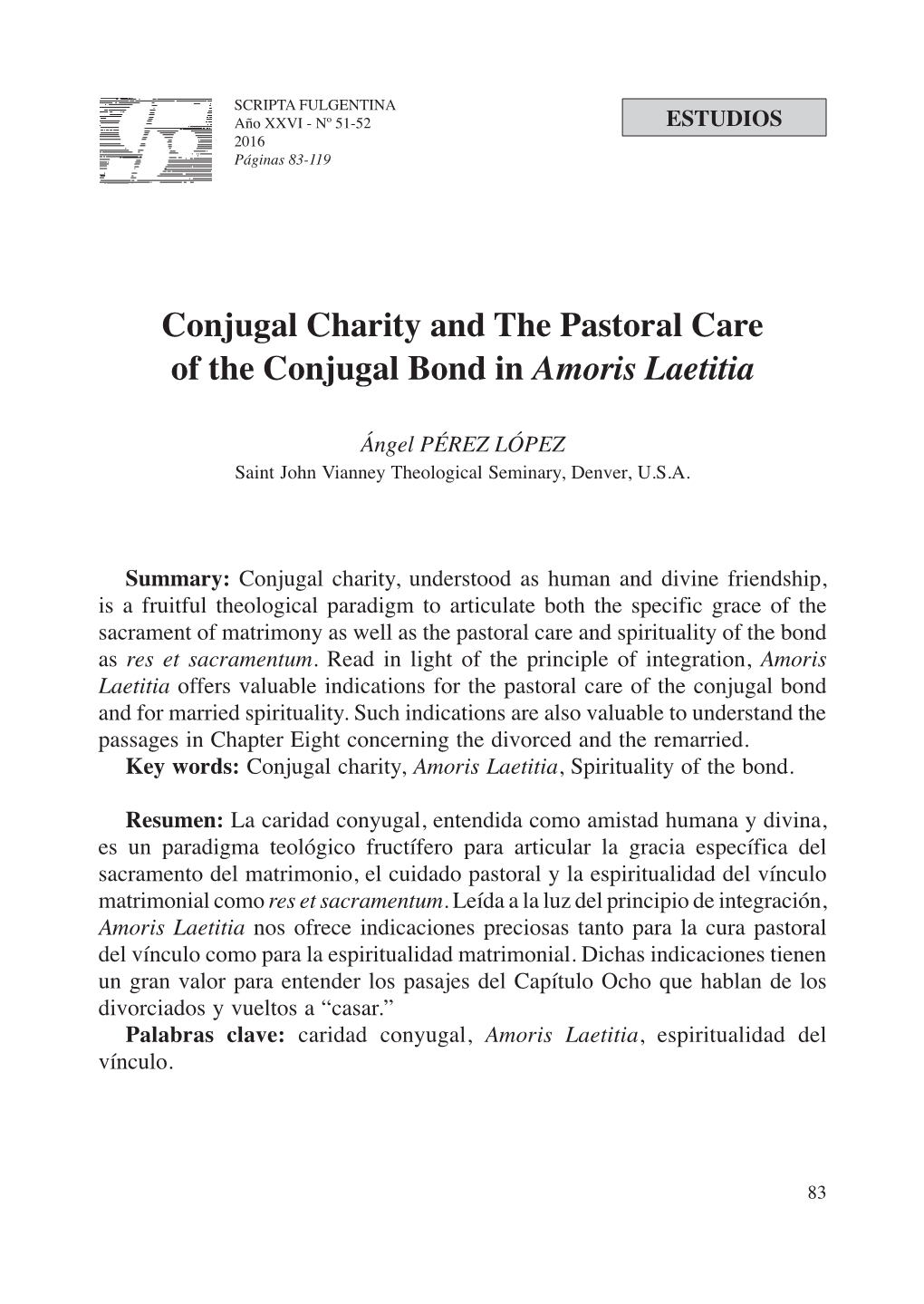 Conjugal Charity and the Pastoral Care of the Conjugal Bond in Amoris Laetitia