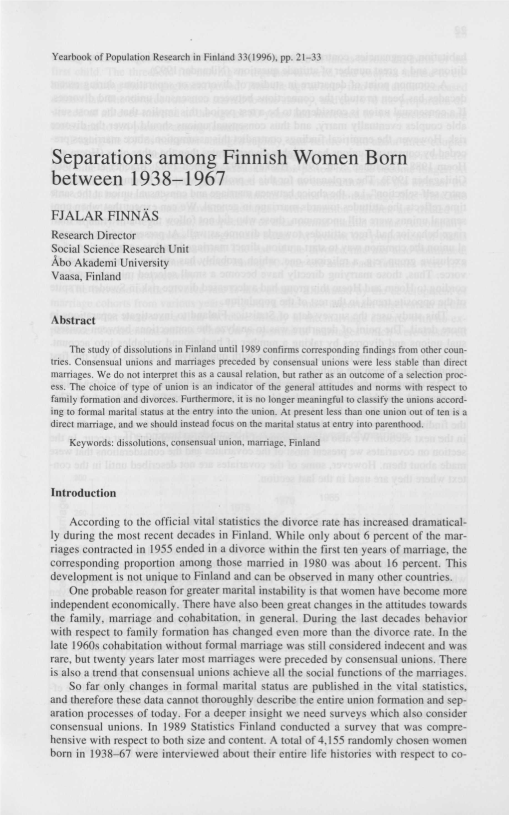 Separations Among Finnish Women Born Between 1938-1967