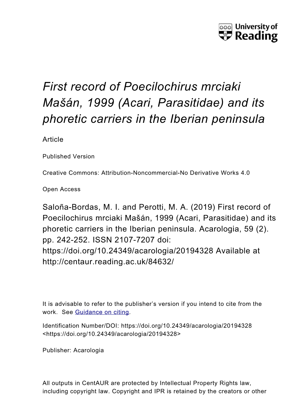 First Record of Poecilochirus Mrciaki Mašán, 1999 (Acari, Parasitidae) and Its Phoretic Carriers in the Iberian Peninsula