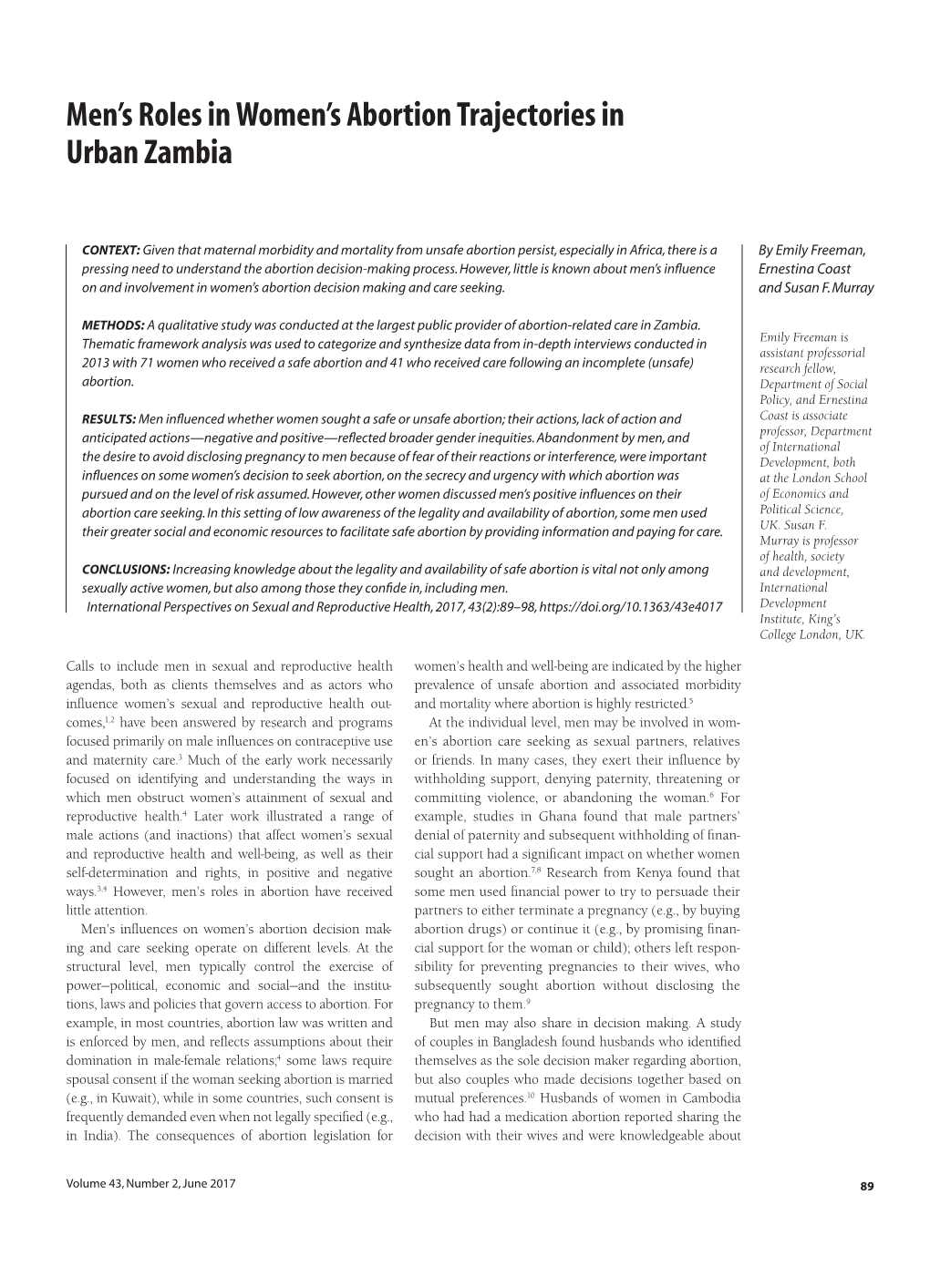 Men's Roles in Women's Abortion Trajectories In