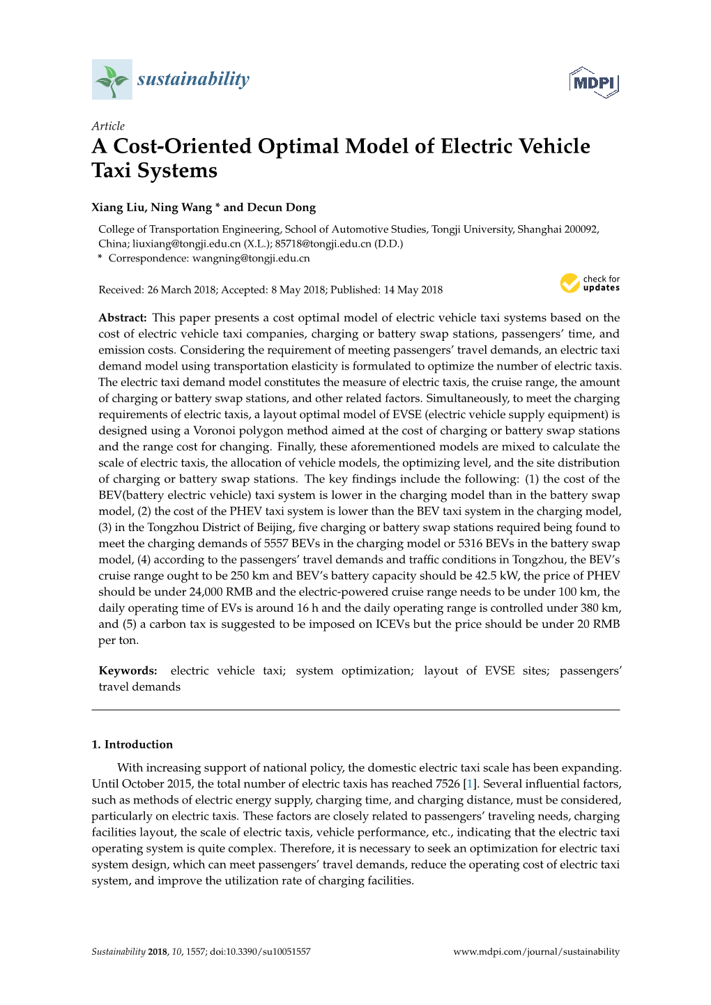 A Cost-Oriented Optimal Model of Electric Vehicle Taxi Systems