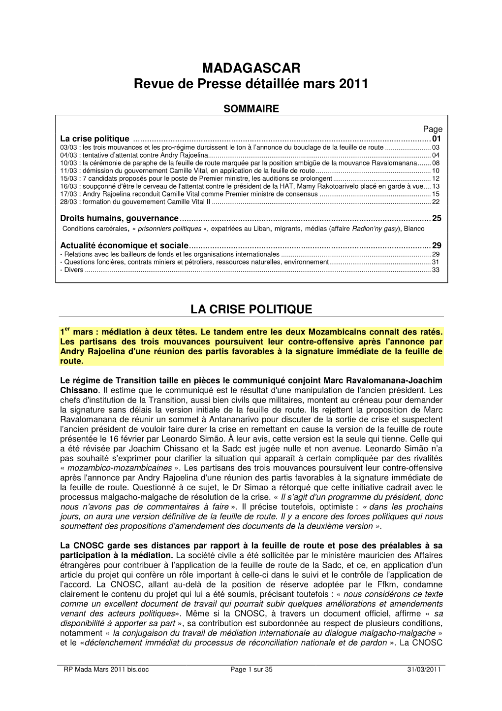 MADAGASCAR Revue De Presse Détaillée Mars 2011