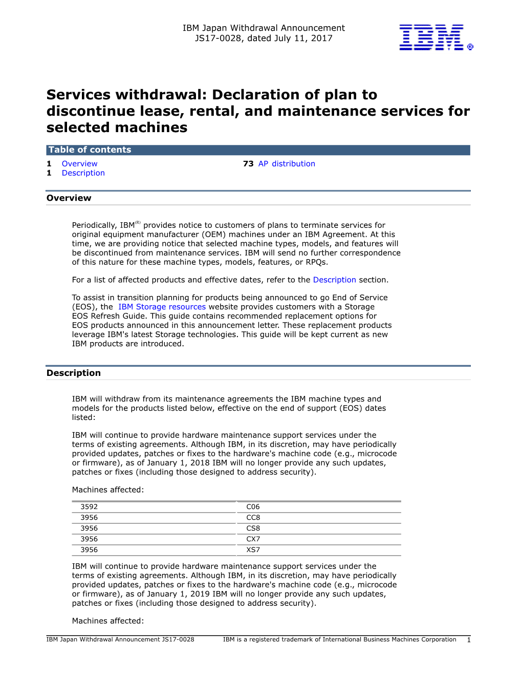 Declaration of Plan to Discontinue Lease, Rental, and Maintenance Services for Selected Machines