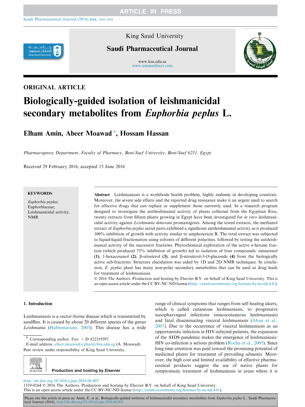 Biologically-Guided Isolation of Leishmanicidal Secondary Metabolites from Euphorbia Peplus L