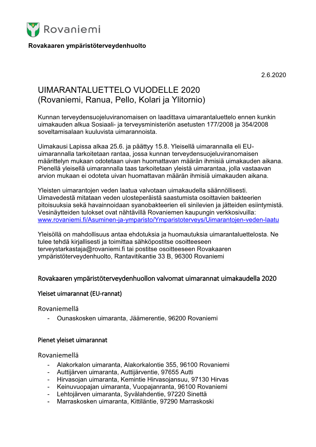 UIMARANTALUETTELO VUODELLE 2020 (Rovaniemi, Ranua, Pello, Kolari Ja Ylitornio)