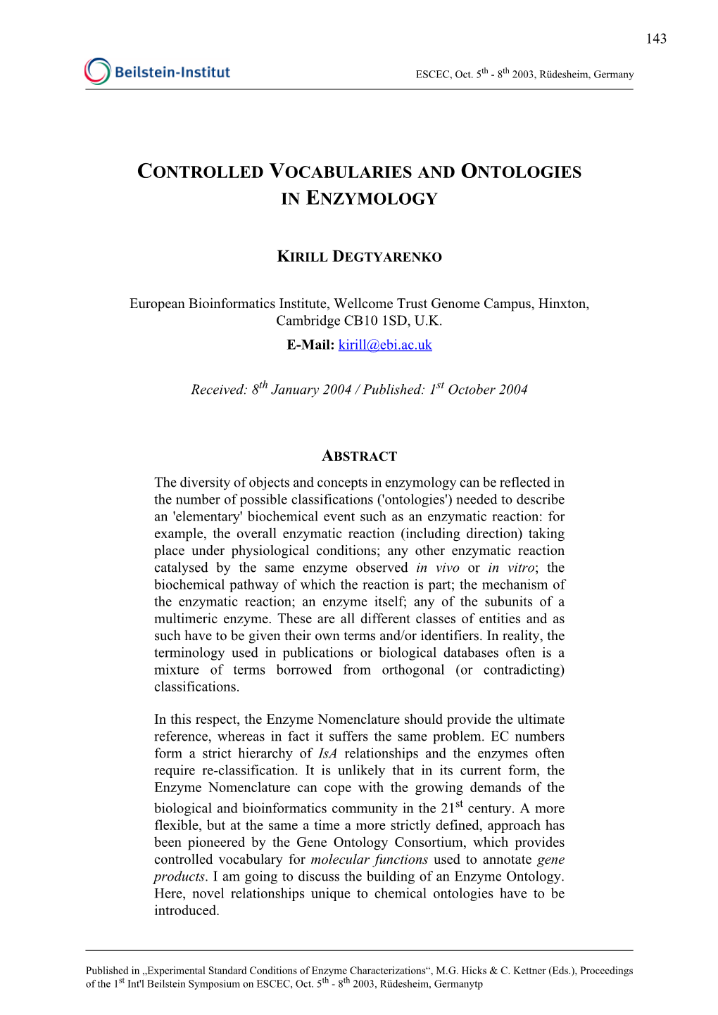 Controlled Vocabularies and Ontologies in Enzymology