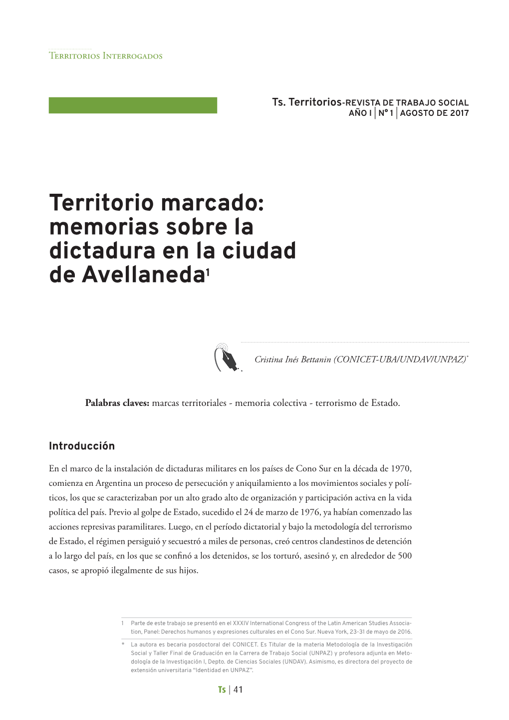 Territorio Marcado: Memorias Sobre La Dictadura En La Ciudad De Avellaneda1