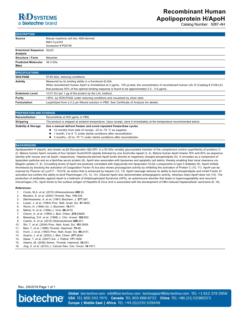 Recombinant Human Apolipoprotein H/Apoh