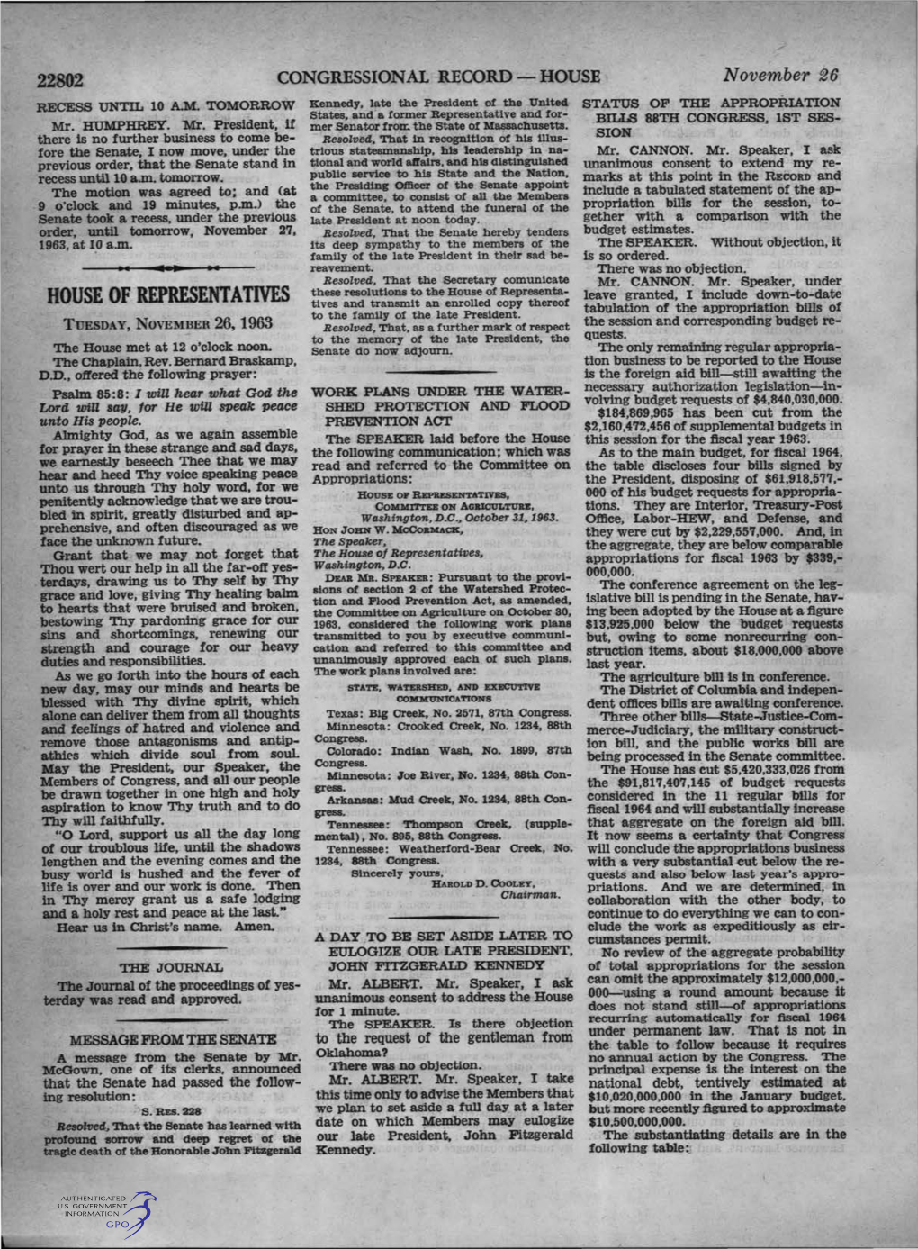 Nov. 26, 1963 [Does Not Include Back-Door Appropriations Or Permanent Appropriations T Under Previous Legislation