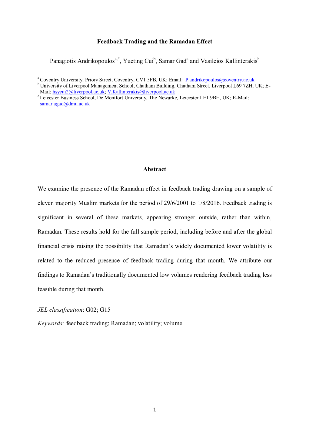 Feedback Trading and the Ramadan Effect Panagiotis Andrikopoulos