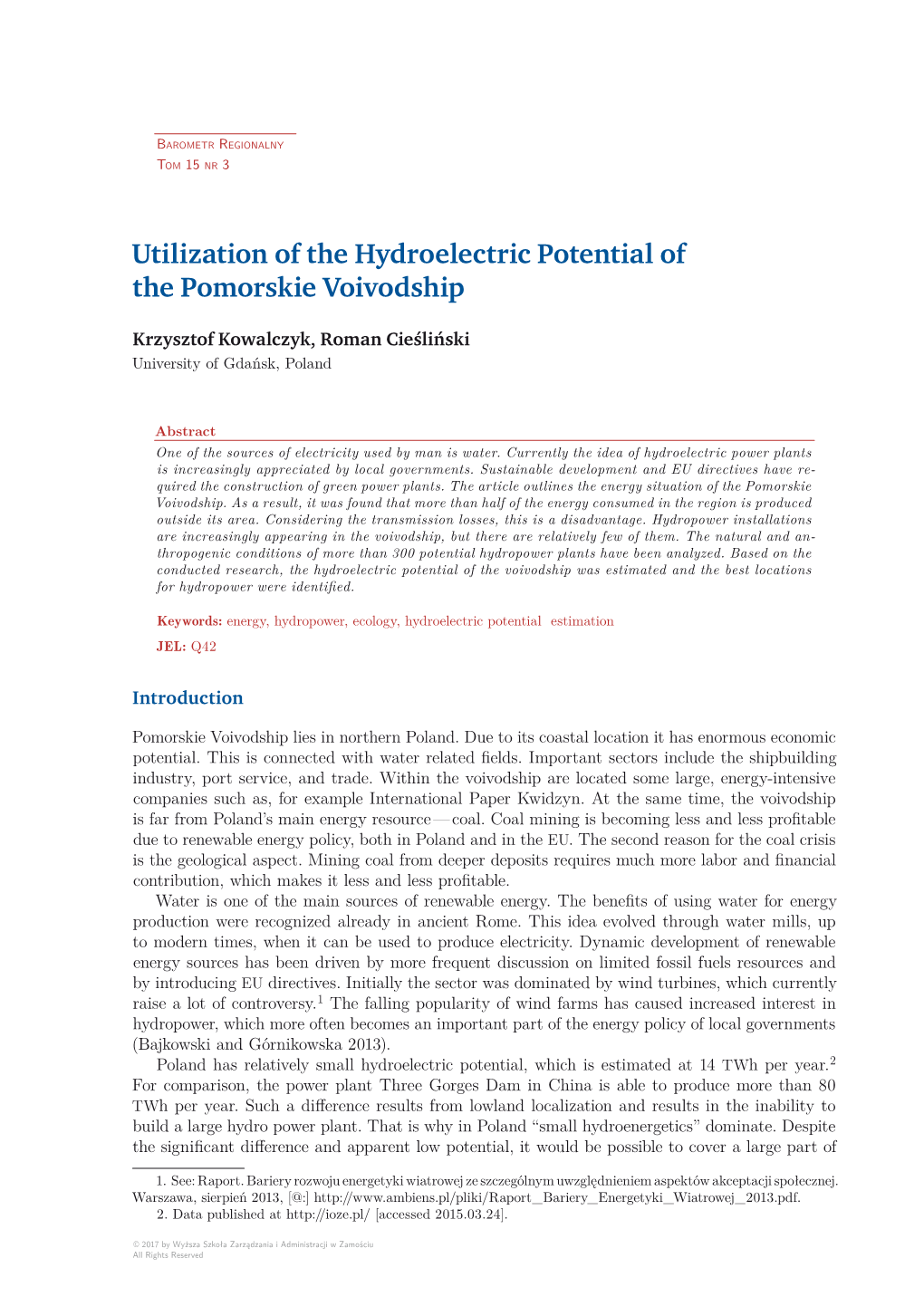 Utilization of the Hydroelectric Potential of the Pomorskie Voivodship