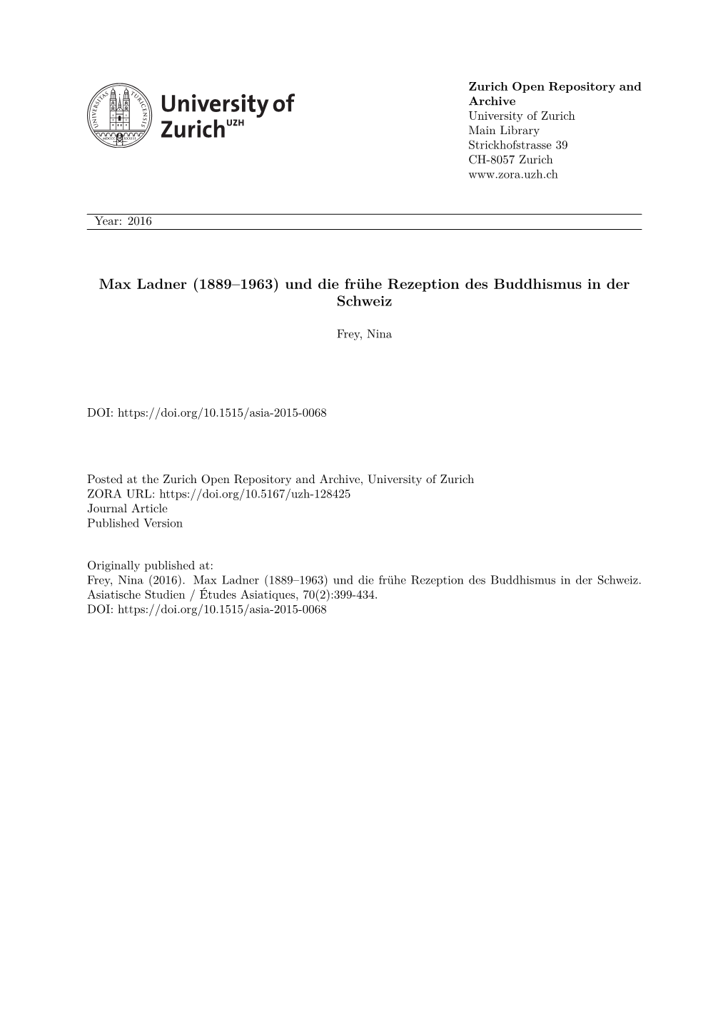 Max Ladner (1889–1963) Und Die Frühe Rezeption Des Buddhismus in Der Schweiz