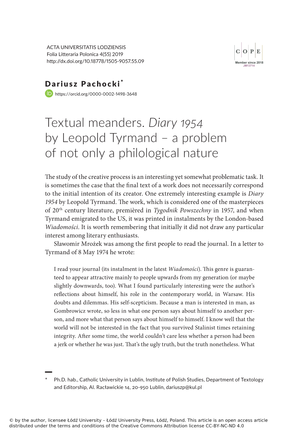 Textual Meanders. Diary 1954 by Leopold Tyrmand – a Problem of Not Only a Philological Nature