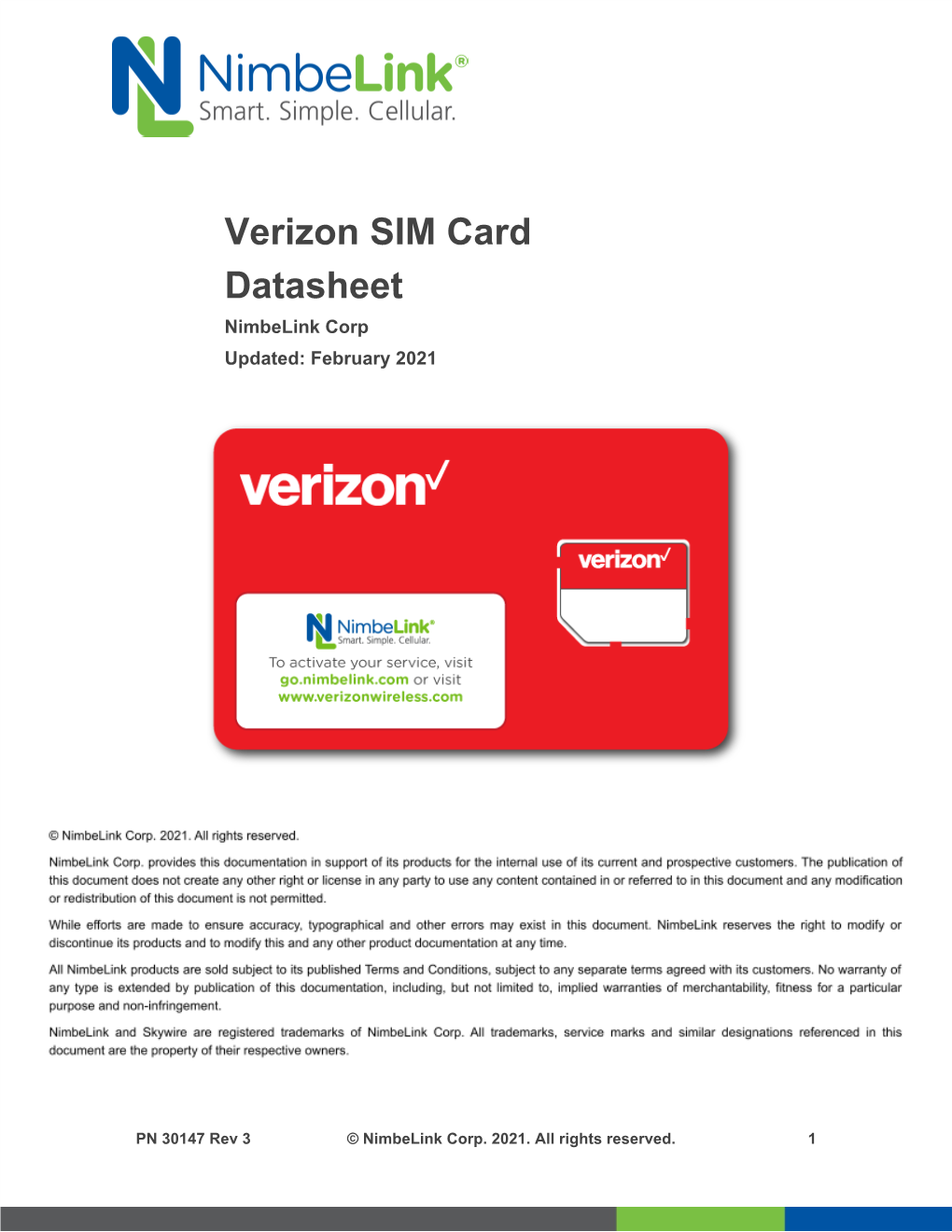 Verizon SIM Card Datasheet Nimbelink Corp Updated: February 2021