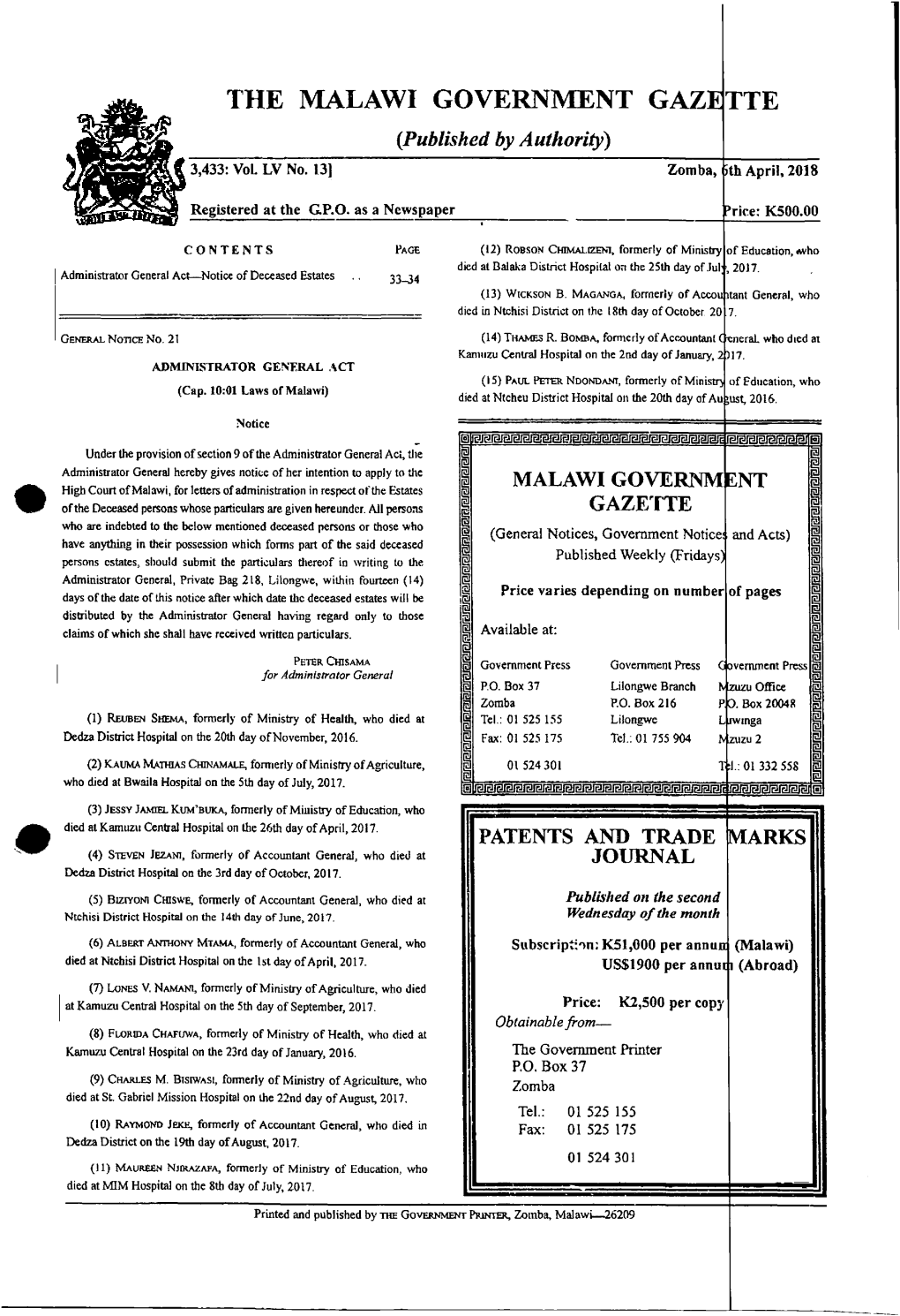 THE MALAWI GOVERNMENT GAZETTE {Published by Authority) 3,433: Vol LV No