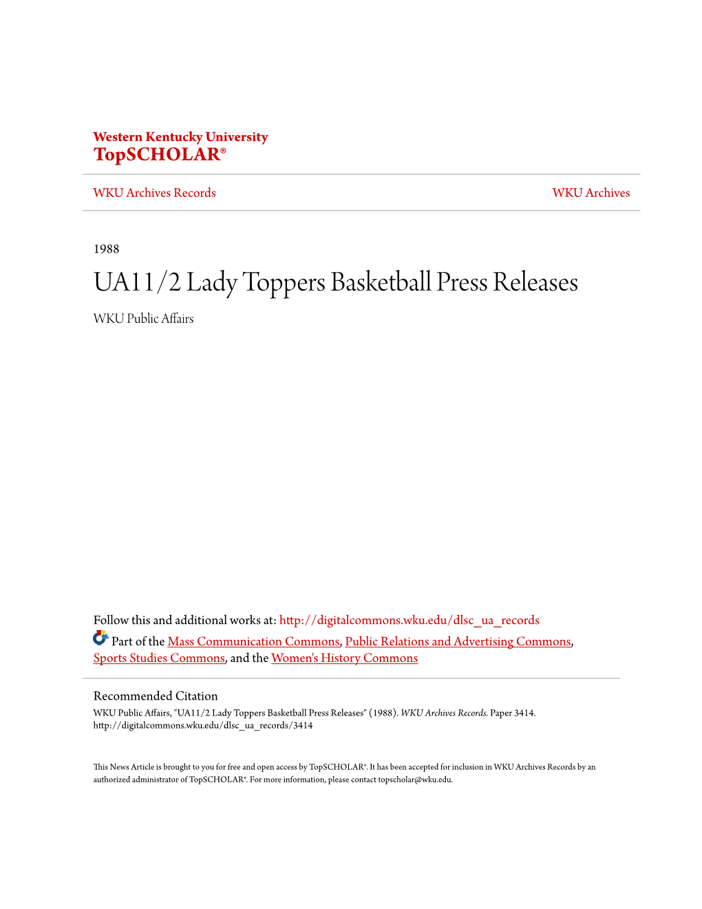 UA11/2 Lady Toppers Basketball Press Releases WKU Public Affairs