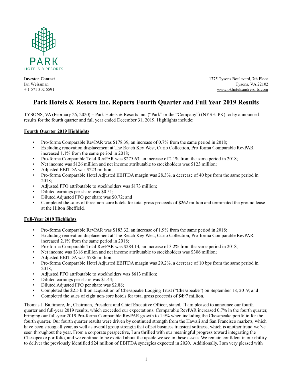 Fourth Quarter 2019 Earnings Press Release