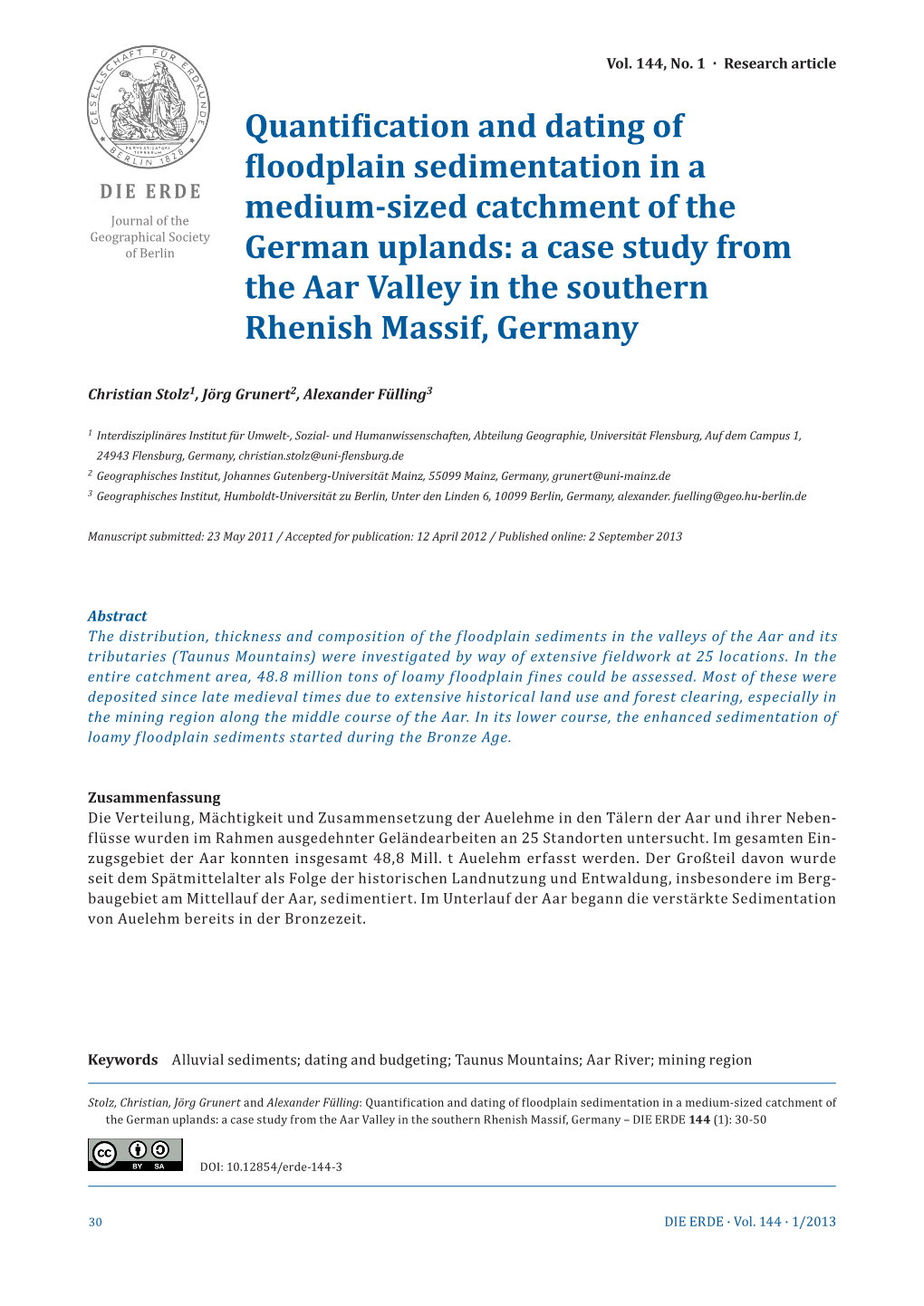 Quantification and Dating of Floodplain Sedimentation in a Medium-Sized Catchment