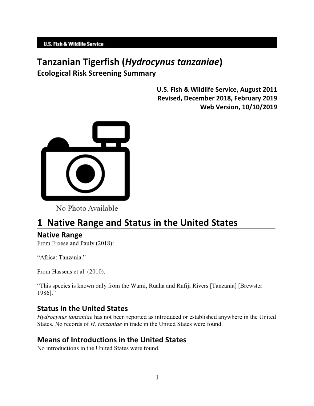 Tanzanian Tigerfish (Hydrocynus Tanzaniae) Ecological Risk Screening Summary