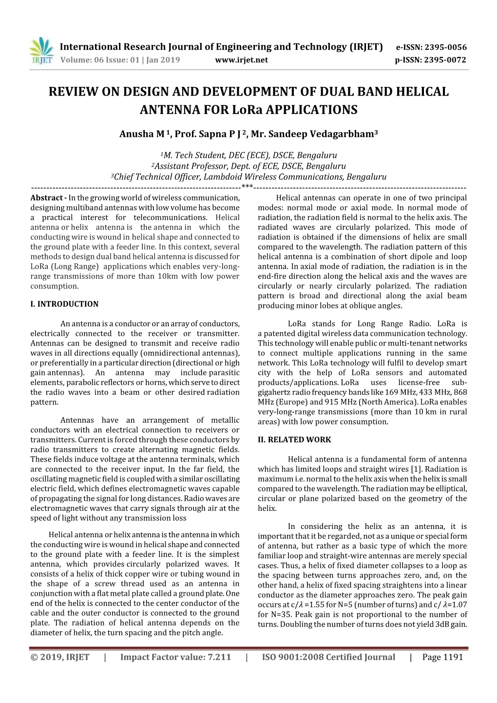 REVIEW on DESIGN and DEVELOPMENT of DUAL BAND HELICAL ANTENNA for Lora APPLICATIONS