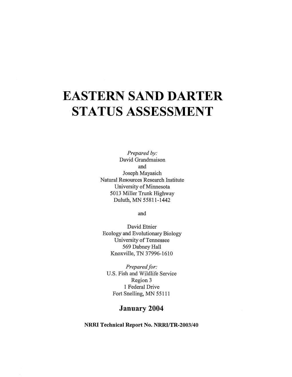 Eastern Sand Darter Status Assessment