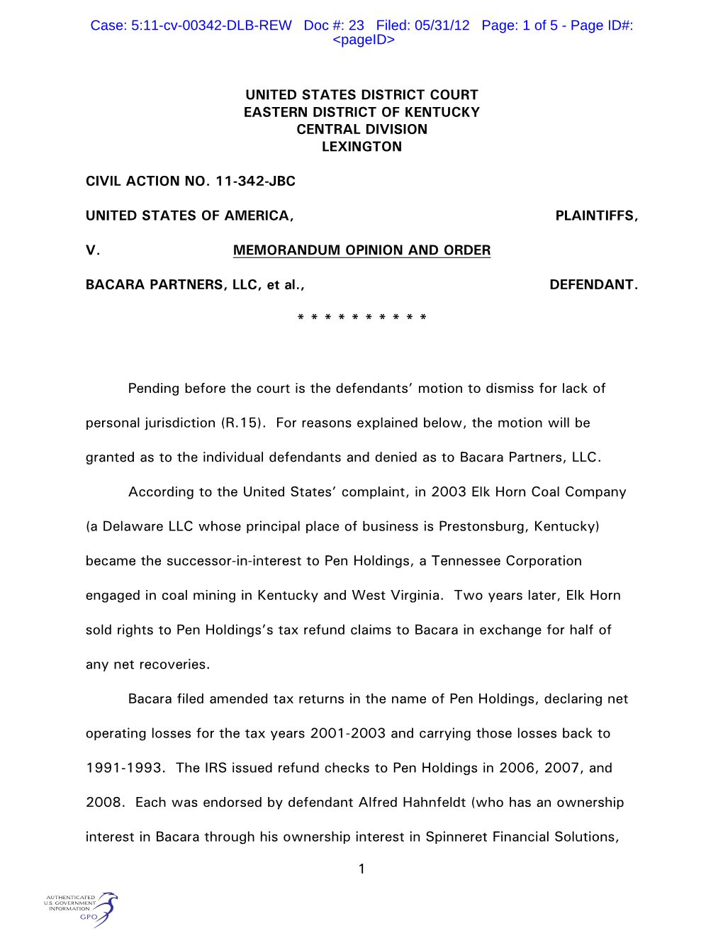 Case: 5:11-Cv-00342-DLB-REW Doc #: 23 Filed: 05/31/12 Page: 1 of 5