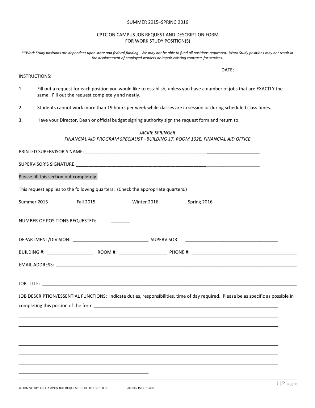 Cptc on Campus Job Request and Description Form