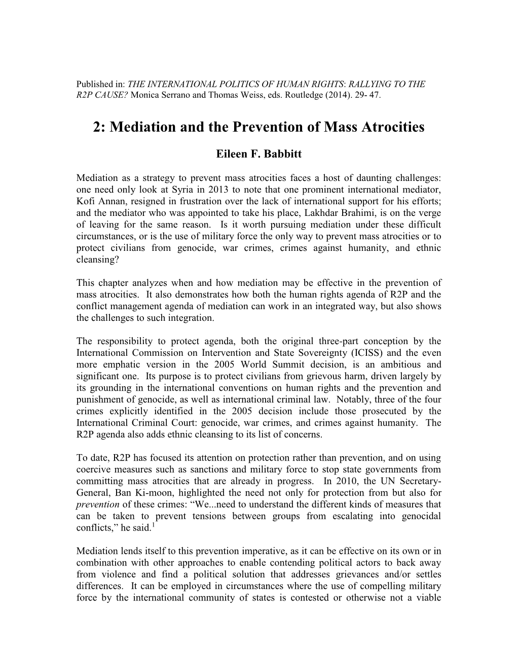 Mediation and the Prevention of Mass Atrocities