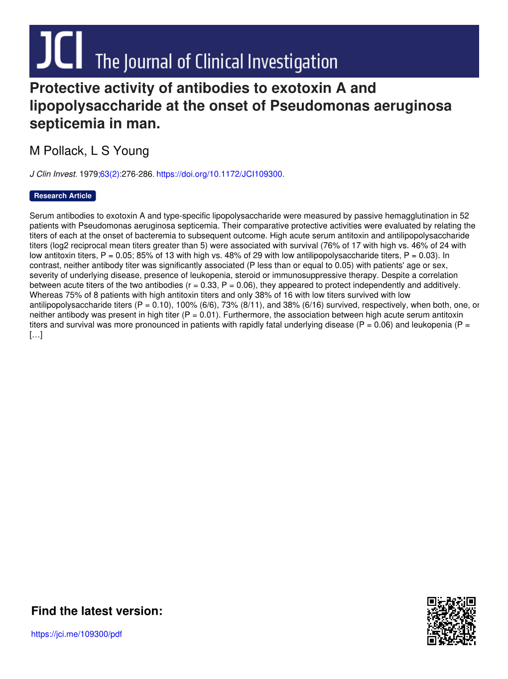 Protective Activity of Antibodies to Exotoxin a and Lipopolysaccharide at the Onset of Pseudomonas Aeruginosa Septicemia in Man