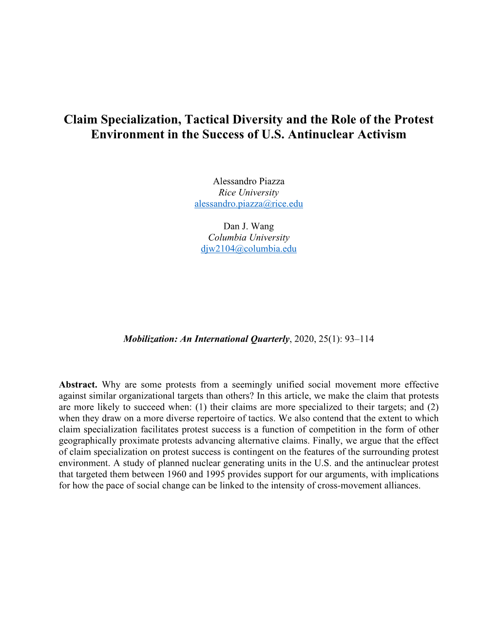 Claim Specialization, Tactical Diversity and the Role of the Protest Environment in the Success of U.S