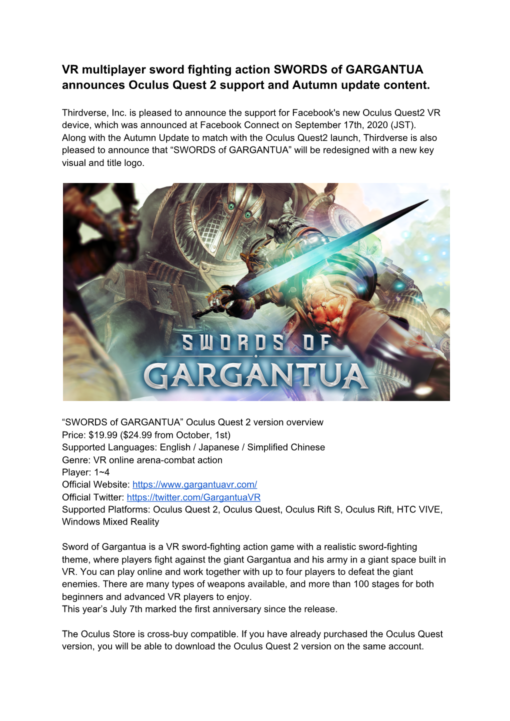 VR Multiplayer Sword Fighting Action SWORDS of GARGANTUA Announces Oculus Quest 2 Support and Autumn Update Content