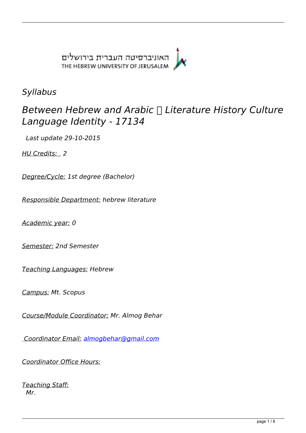 Syllabus Between Hebrew and Arabic  Literature History Culture Language Identity - 17134