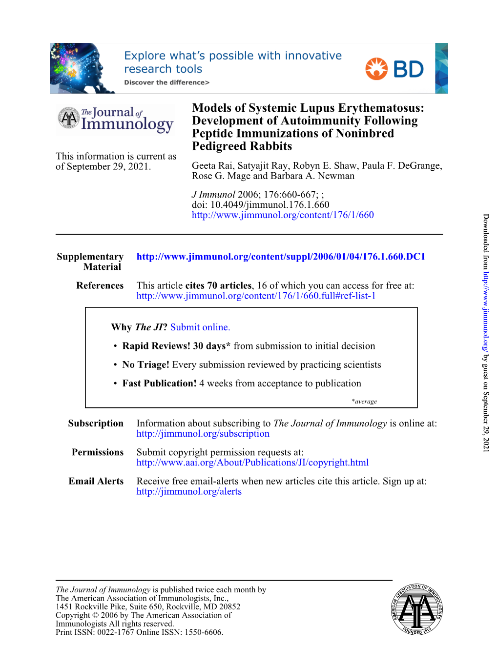 Pedigreed Rabbits Peptide Immunizations of Noninbred