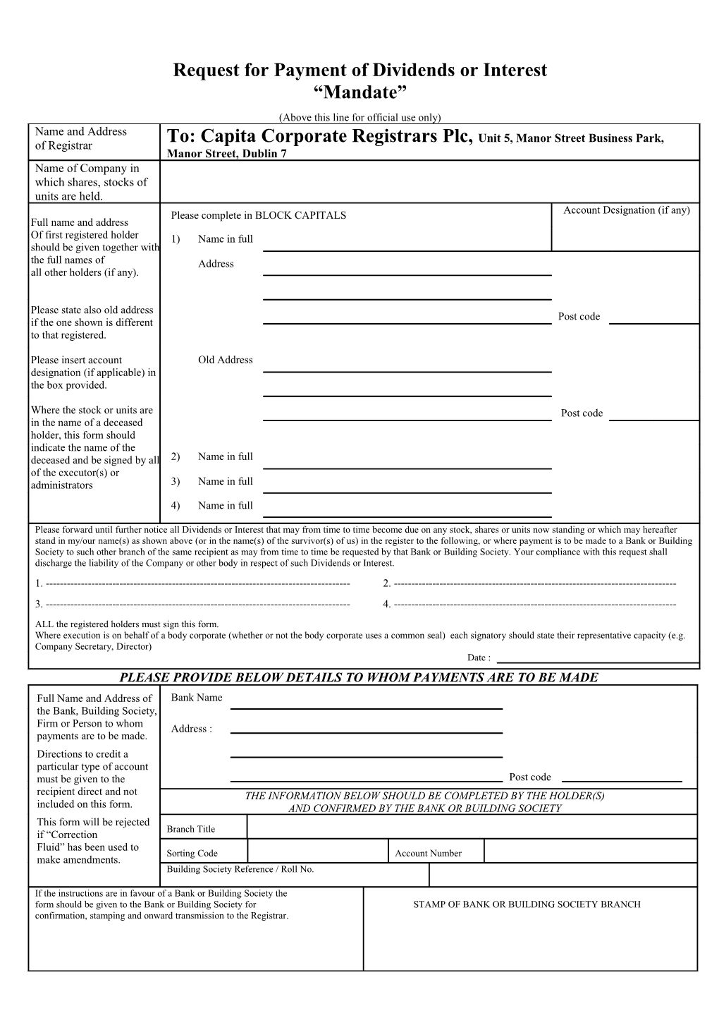 Request for Payment of Dividends Or Interest