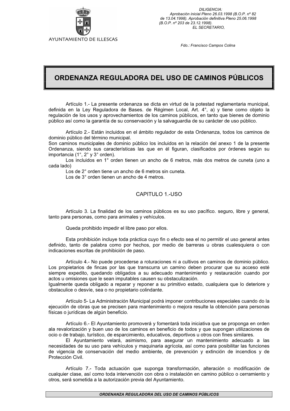 Ordenanza Reguladora Del Uso De Caminos Públicos