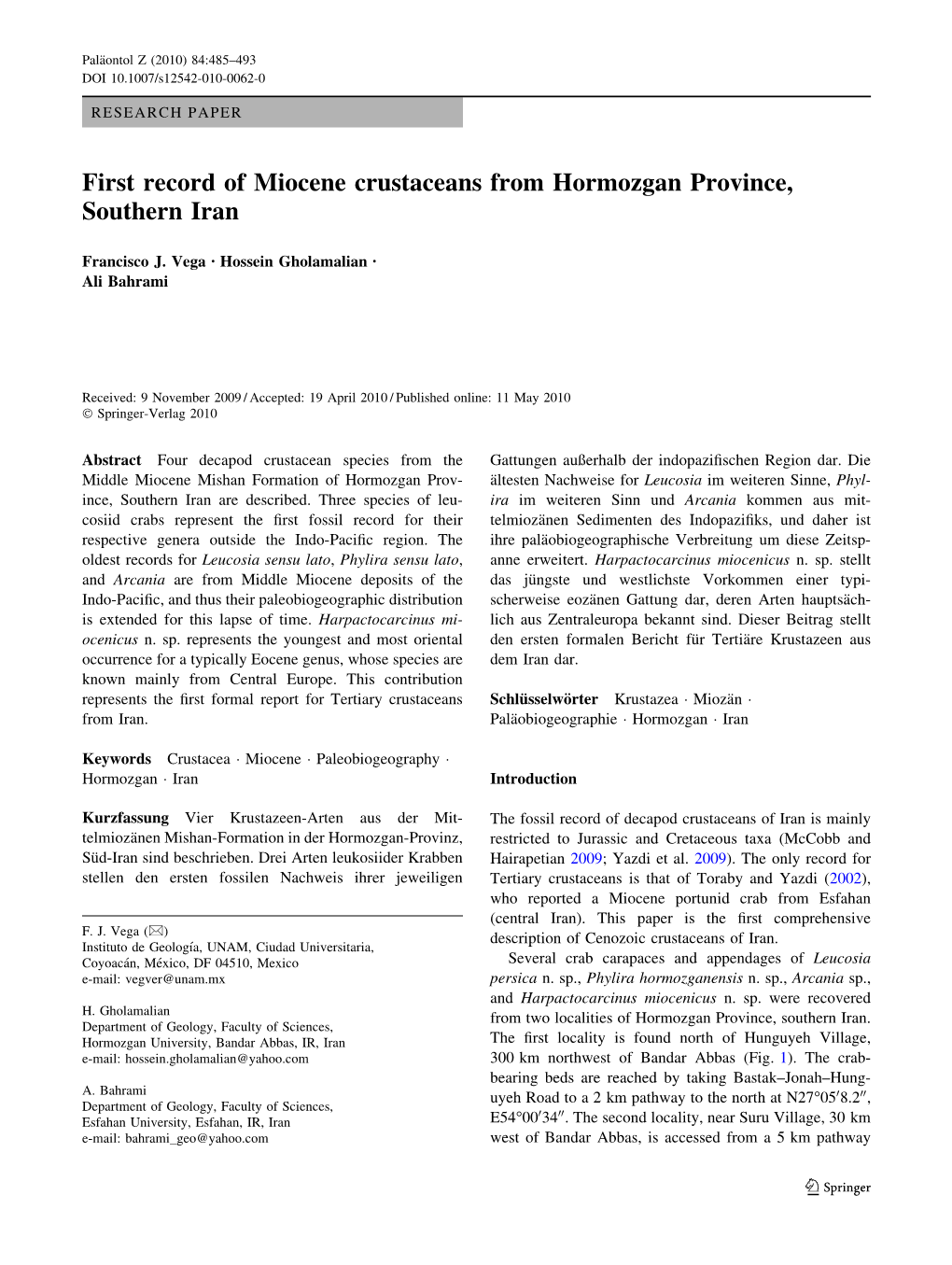 First Record of Miocene Crustaceans from Hormozgan Province, Southern Iran