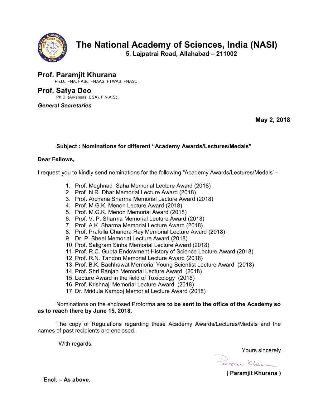 Nominations for Different “Academy Awards/Lectures/Medals” (2018)