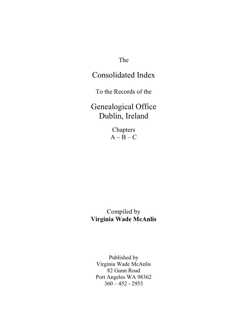 Consolidated Index Genealogical Office Dublin, Ireland