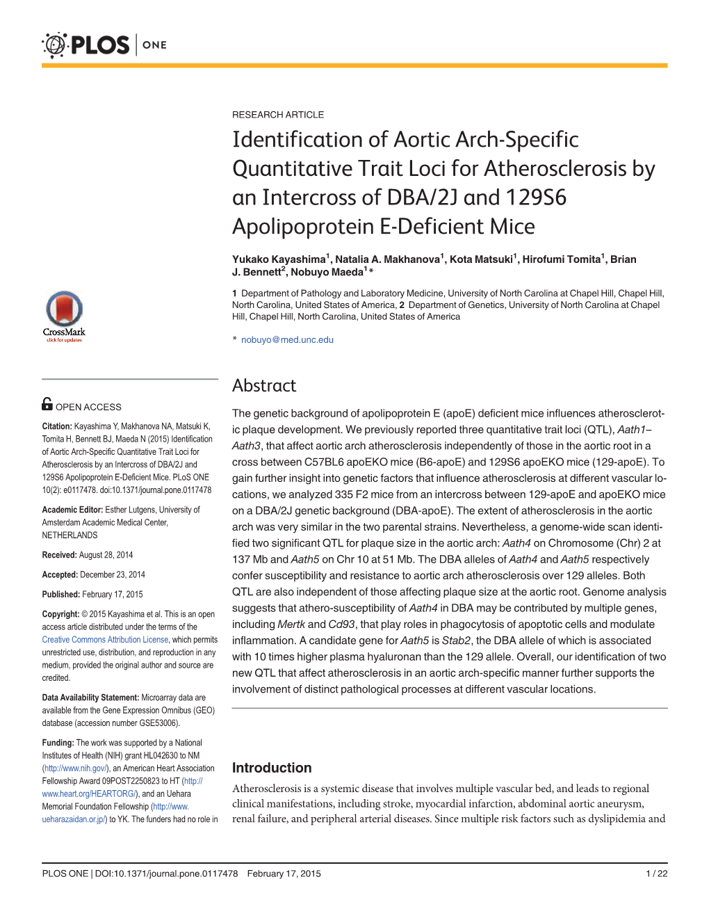 Identification of Aortic Arch-Specific Quantitative Trait Loci for Atherosclerosis by an Intercross of DBA/2J and 129S6 Apolipoprotein E-Deficient Mice