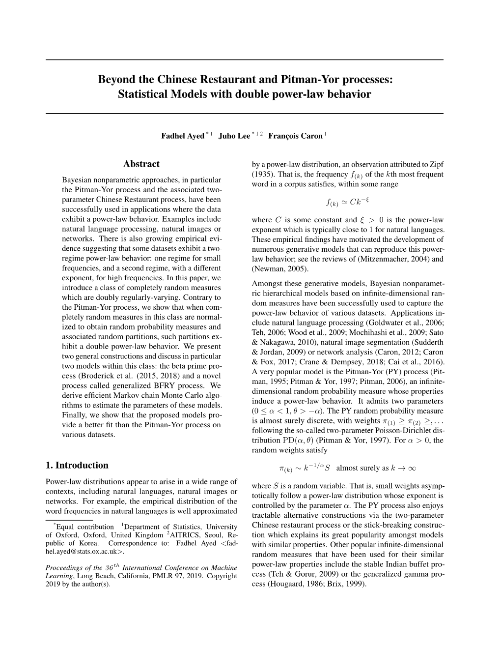 Beyond the Chinese Restaurant and Pitman-Yor Processes: Statistical Models with Double Power-Law Behavior