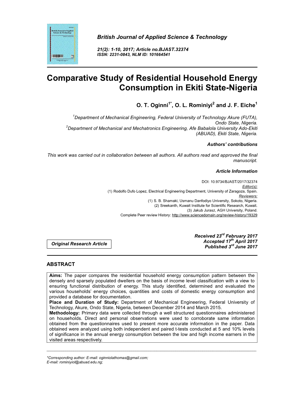 Comparative Study of Residential Household Energy Consumption in Ekiti State-Nigeria