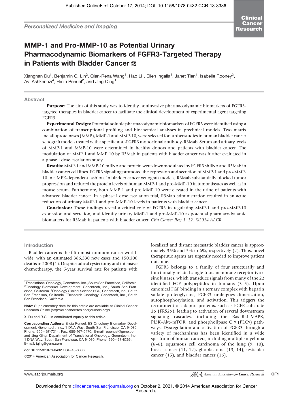 MMP-1 and Pro-MMP-10 As Potential Urinary Pharmacodynamic Biomarkers of FGFR3-Targeted Therapy in Patients with Bladder Cancer