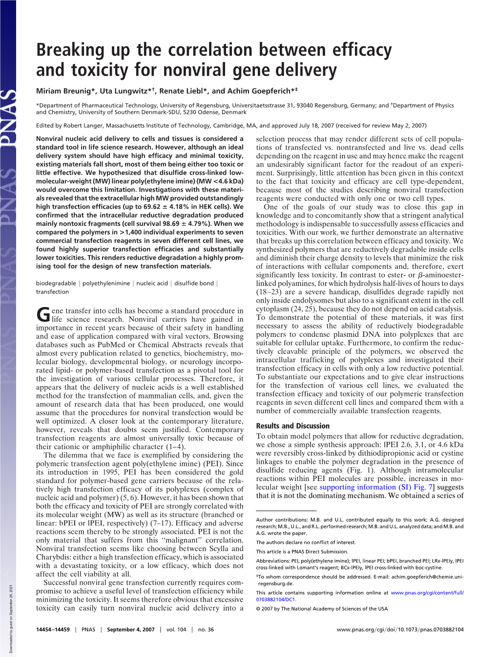 Breaking up the Correlation Between Efficacy and Toxicity for Nonviral Gene Delivery