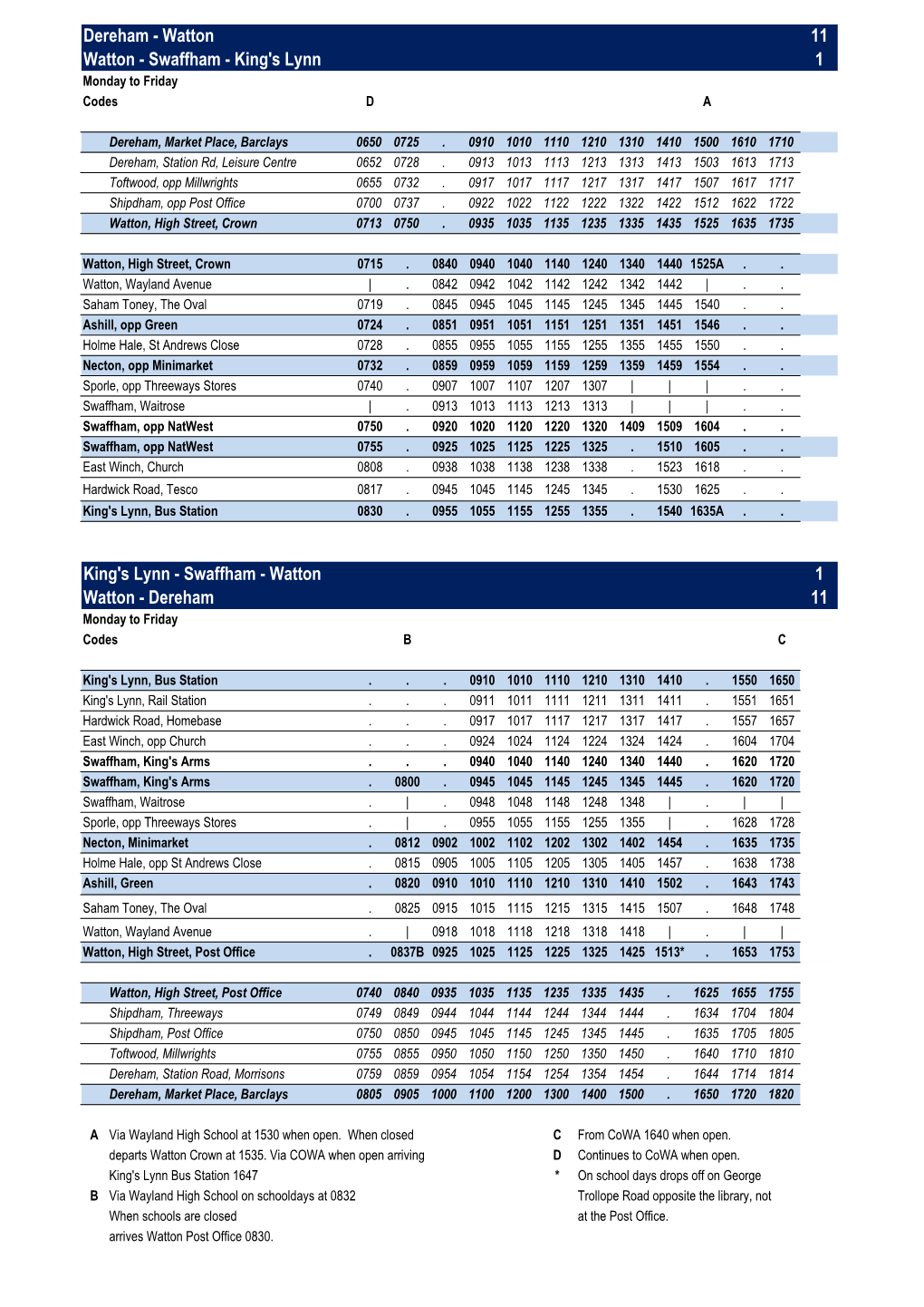 Dereham - Watton 11 Watton - Swaffham - King's Lynn 1 Monday to Friday Codes D A